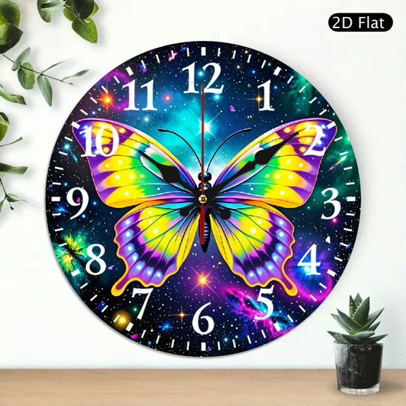Colorful Butterfly Galaxy Wall Clock, Round Decorative Art Clock for Home Decor, 10x10 Inch, 1pc, Battery Not Included