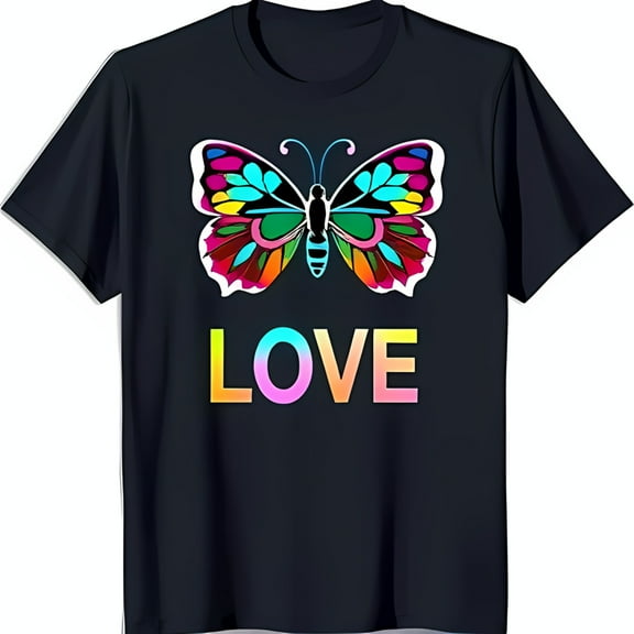 Colorful Butterfly Graphic Black T-Shirt with Rainbow 'LOVE' Print Stylish & Meaningful Design