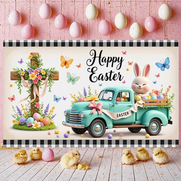 Colorful Butterfly Happy Easter Banner Floral Decorated Easter Display Vintage Truck Pink Bow Easter Backdrop for Easter Party Church Event Photo Shoot