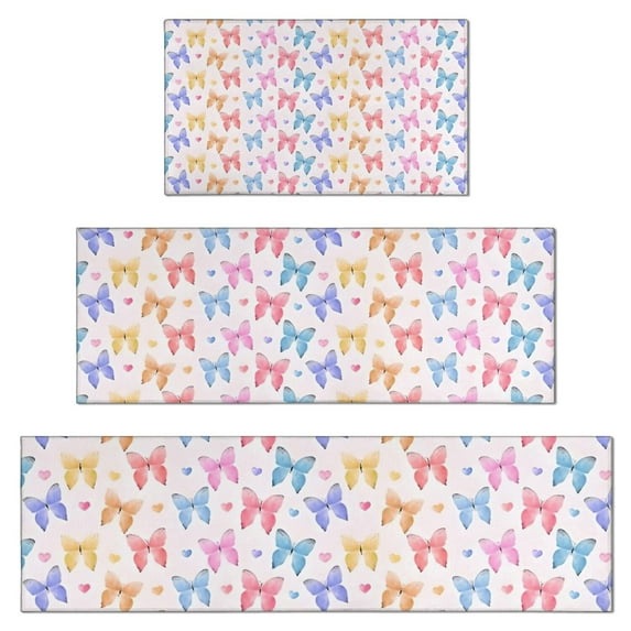 Colorful Butterfly Heart Pattern Kitchen Rugs Sets Of 3,Kitchen Runner Rugs Non Skid Washable,Decorative Kitchen Floor Mats for Kitchen,Sink,Laundry,17"x30"+ 17"x47" + 17"x59"
