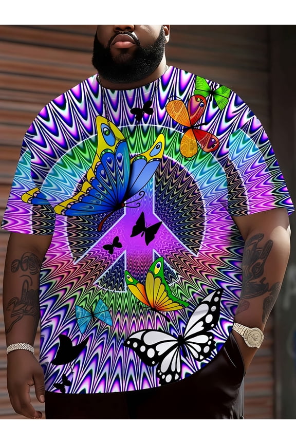 Colorful Butterfly Illusion Peace Logo T-Shirt, Men's, Brightly Patterned Short Sleeve Casual Top, Fashion Trend Shirt, Plus Size