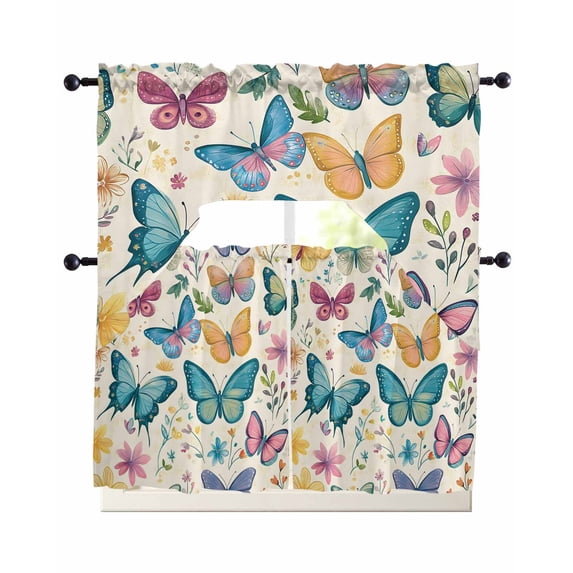 Colorful Butterfly Kitchen Curtain and Valance Set 3 Pieces, Rod Pocket ...