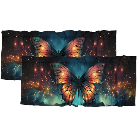 Colorful Butterfly Kitchen Curtain Valances Fantasy Glowing Butterfly Forest Window Treatment Valance Curtains for Bathroom 54 by 18 in, 2 Panel