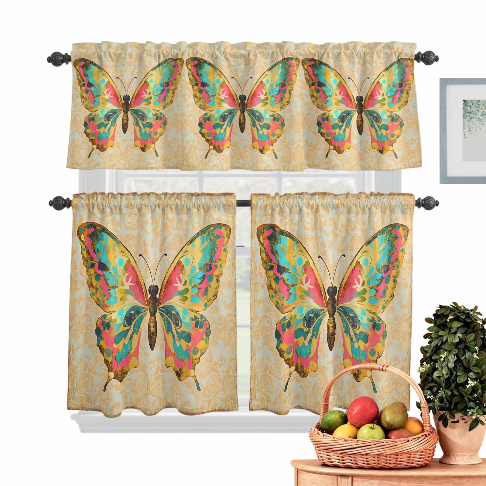 Colorful Butterfly Kitchen Curtains Valances 3 Piece Set, Watercolor ...