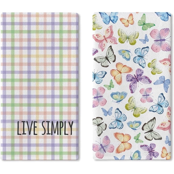 Colorful Butterfly Kitchen Dish Towels Set of 2, Live Simply Buffalo Plaid Check Drying Hand Towel Baking Cooking Cloth, Spring Summer Farmhouse Bathroom Home Decoration 18'' x 26''