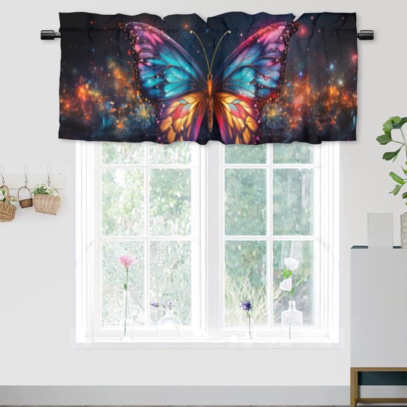 Colorful Butterfly Kitchen Window Curtain Valance Glowing Butterflies Starry Sky Window Valance for Bedroom Bathroom Living Room Dining Room Valances Set 54 by 18 in, 1 Panel