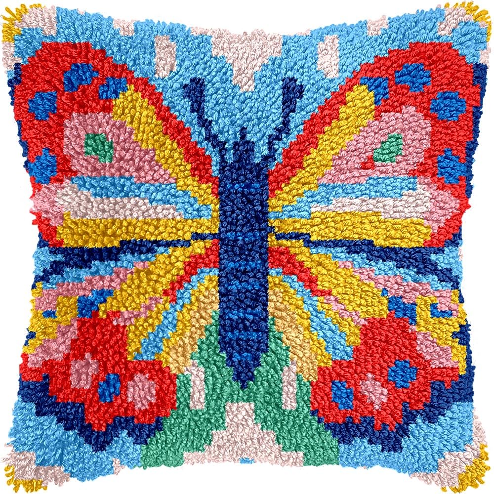 Colorful Butterfly Latch Hook Pillow Cover Kits for DIY Handmade Throw Pillow Cross Stitch Latch Hooking Pillowcase Kits with Preprinted Color Pattern Canvas Crochet Yarn Kits 17''X 17''(7-224)