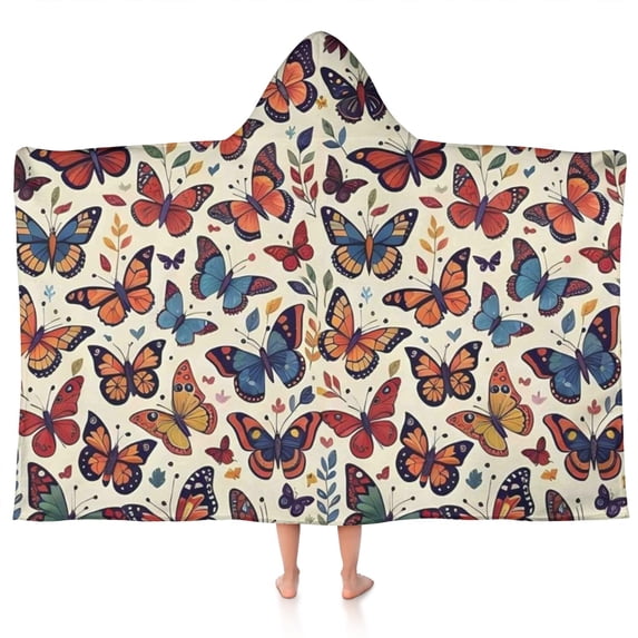 Colorful Butterfly Leaf Flower Beige Pattern Hooded Bath Towel,50"x30" for Ages 3 To 12 Kids, Quick Dry Lightweight Soft Microfiber Hood Beach Towel Cover Up for Kids