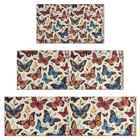 Colorful Butterfly Leaf Flower Beige Pattern Kitchen Rugs Sets Of 3,Kitchen Runner Rugs Non Skid Washable,Decorative Kitchen Floor Mats for Kitchen,Sink,Laundry,17"x30"+ 17"x47" + 17"x59"