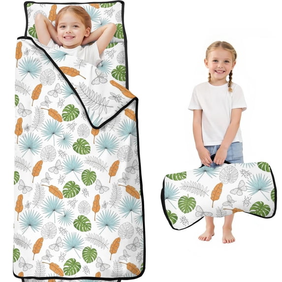 Colorful Butterfly Leaf Pattern Teens Toddler Nap Mat with Pillow, Sleeping Mat Bag for Preschool Daycare 60"x20"