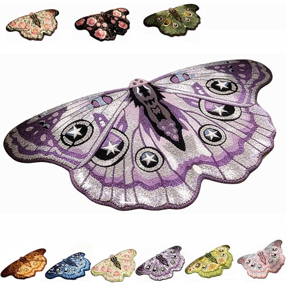 Colorful Butterfly and Moth Rug, Vintage Irregular Shape Area Rug, Soft Fluffy Faux Wool Carpet, Non-Slip Washable Floor Mat for Girls Bedroom, Living Room Decor, Boho Home Accessories