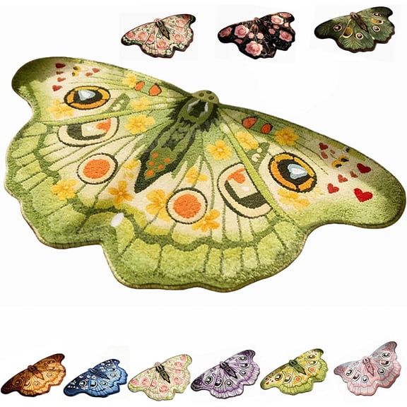 Colorful Butterfly and Moth Rug, Vintage Irregular Shape Area Rug, Soft Fluffy Faux Wool Carpet, Non-Slip Washable Floor Mat for Girls Bedroom, Living Room Decor, Boho Home Accessories