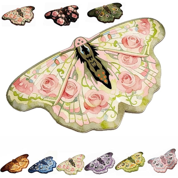 Colorful Butterfly and Moth Rug, Vintage Irregular Shape Area Rug, Soft Fluffy Faux Wool Carpet, Non-Slip Washable Floor Mat for Girls Bedroom, Living Room Decor, Boho Home Accessories