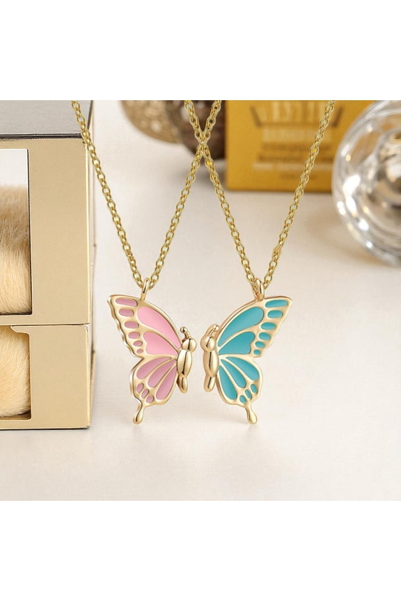 Colorful Butterfly Necklace Set Minimalist Friendship Jewelry for Women Two Piece Matching Pair Gifts
