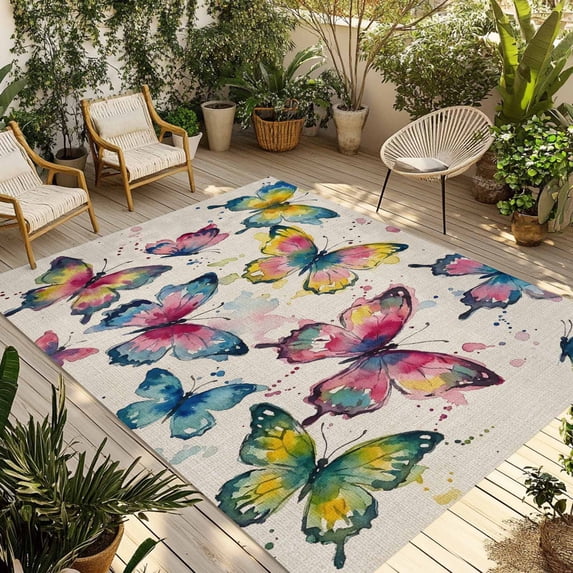 Colorful Butterfly Outdoor Rug for Patio/Deck/Porch, Non-Slip Large Area Rug 6 x 9 Ft, Elegant Pastoral Butterflies Rustic Watercolor Indoor Outdoor Rugs Washable Area Rugs, Camping Rug Carpet Runner