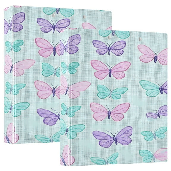 Colorful Butterfly Pattern 12.4x10.6in PVC Round Ring Binder, D-Ring 3-Hole, Metal Clip, 200 Sheets