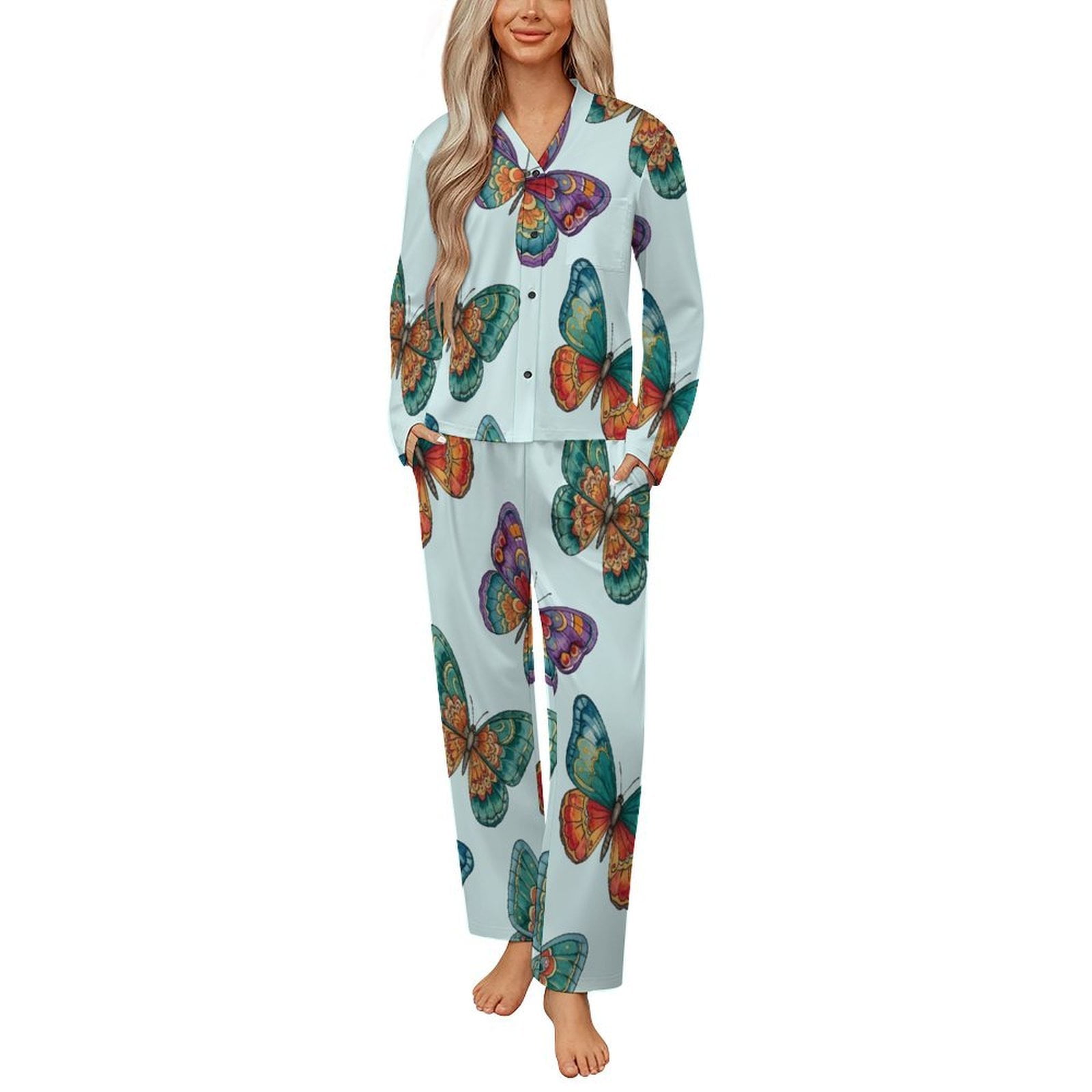 Colorful Butterfly Pattern Fabric Womens Pyjamas Set Button Up Pyjamas ...