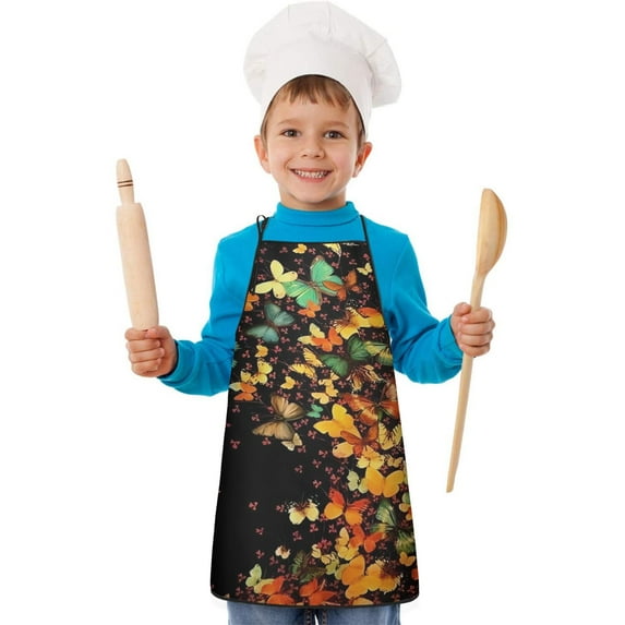 Colorful Butterfly Pattern Kids Aprons for Girls and Boys,Adjustable Neck Strap Toddler Aprons for Kids Cooking Baking
