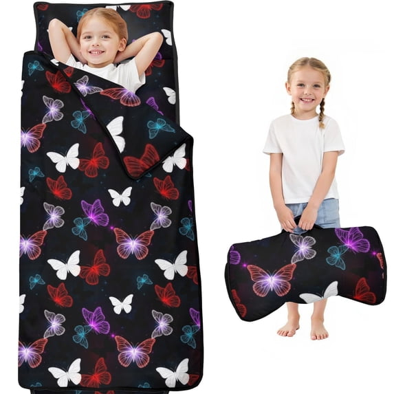 Colorful Butterfly Pattern Teens Toddler Nap Mat with Pillow, Sleeping Mat Bag for Preschool Daycare 60"x20"