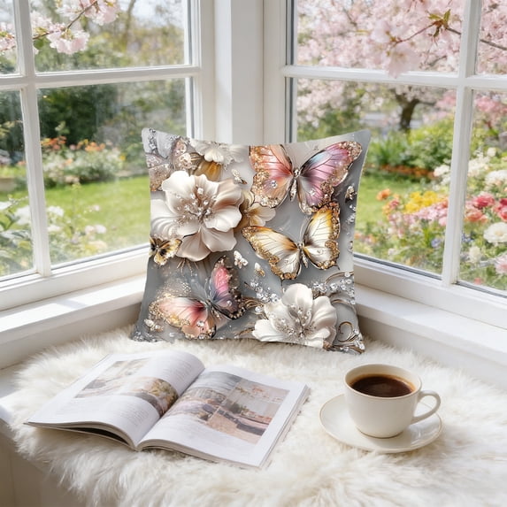 Colorful Butterfly Pattern Throw Pillow Cover, Soft Polyester Cushion Case for Sofa Bed or Chair, Machine Washable Square Cover, 18 Inch, For Spring Home Decoration