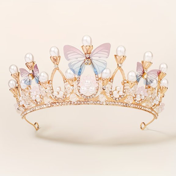 Colorful Butterfly Pearl Rhinestone Crown Hair Accessory for Weddings Evening Parties Proms