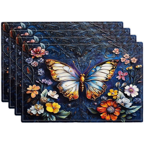 Colorful Butterfly Placemats Set of 4, Spring Place Mats, Florals Dining Table Mats, Rustic Washable Placemats for Kitchen Dining Room Home Decor 18L'''' × 12W''''