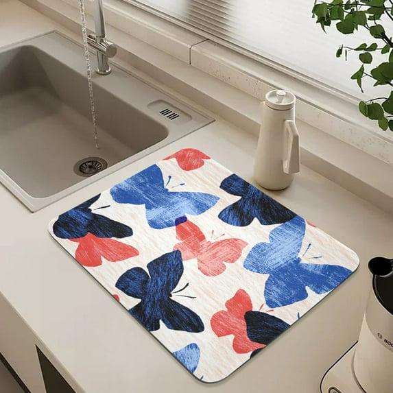 Colorful Butterfly Print Dish Drying Mat for Kitchen Counter Absorbent Drainer Mats (15.7X11.8Inch)