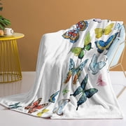 Colorful Butterfly Printed Blanket Skin Friendly Soft Casual Cover Blanket Multi Scene Warm Decorative Suitable Throw Flannel Blanket for Bed Sofa White Size 130x150cm