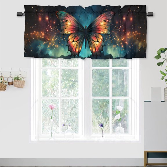 Colorful Butterfly Printed Window Curtains Valances for Kitchen Fantasy Glowing Butterfly Forest Rod Pocket Valances for Bedroom Living Room Dining Room 54 by 18 in, 1 Panel