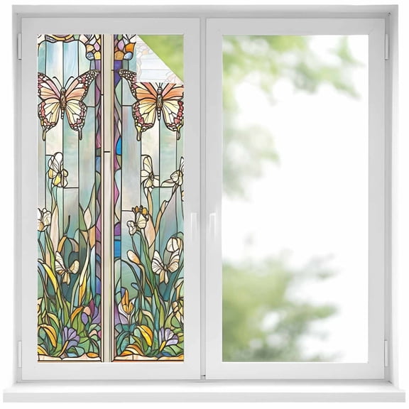 Colorful Butterfly Privacy Window Film, Decorative Frosted Glass Window Film, Spring Botanical Summer Vintage Reusable Peel and Stick Static Cling for Home Bathroom Office Glass Door 17.7"x39.3"
