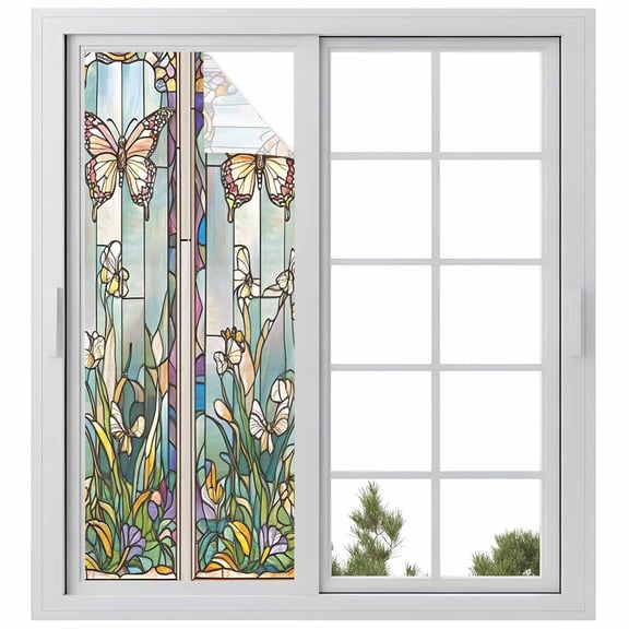 Colorful Butterfly Privacy Window Film, Decorative Frosted Glass Window Film, Spring Botanical Summer Vintage Reusable Peel and Stick Static Cling for Home Bathroom Office Glass Door 23.6"x59"