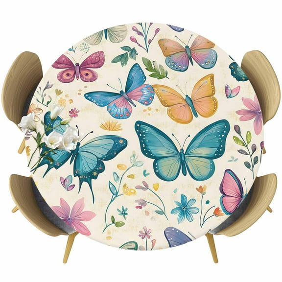 Colorful Butterfly Round Tablecloth 36-44 Inch Round Fitted Table Cloth with Elastic Edge, Retro Country Leaves Spring Waterproof Table Cover Protector for Outdoor Picnic Party Dining