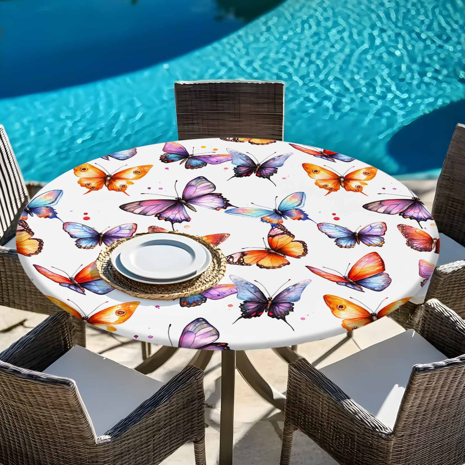 Colorful Butterfly Seamless Round Fitted Tablecloth with Elastic Edge ...