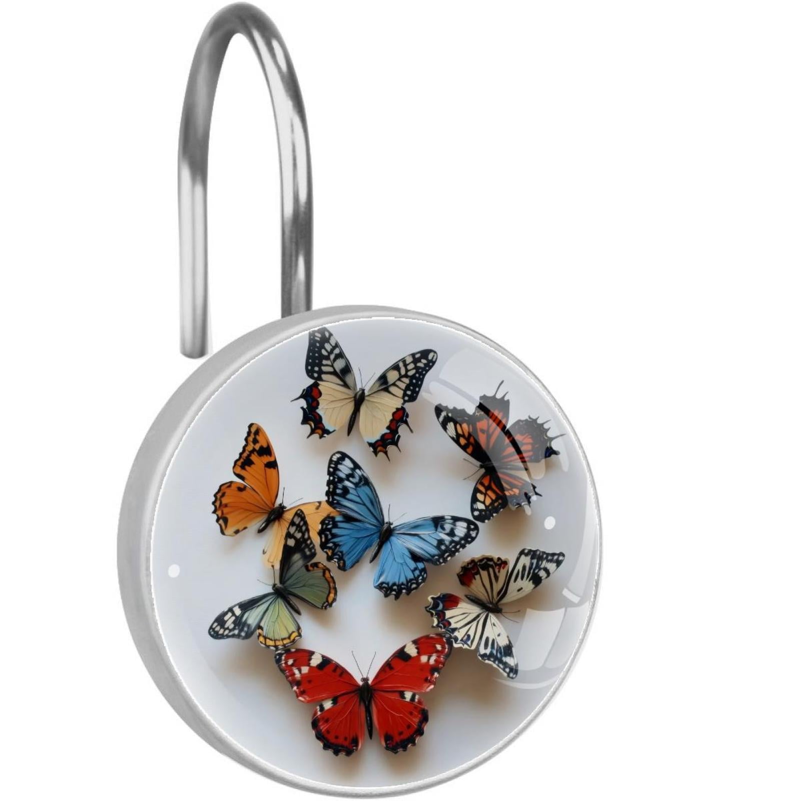 Colorful Butterfly Shower Curtain Hooks Round Crystal Glass, Set of 12 Shower Curtain Rings - Shower Hooks for Curtain Shower Rings