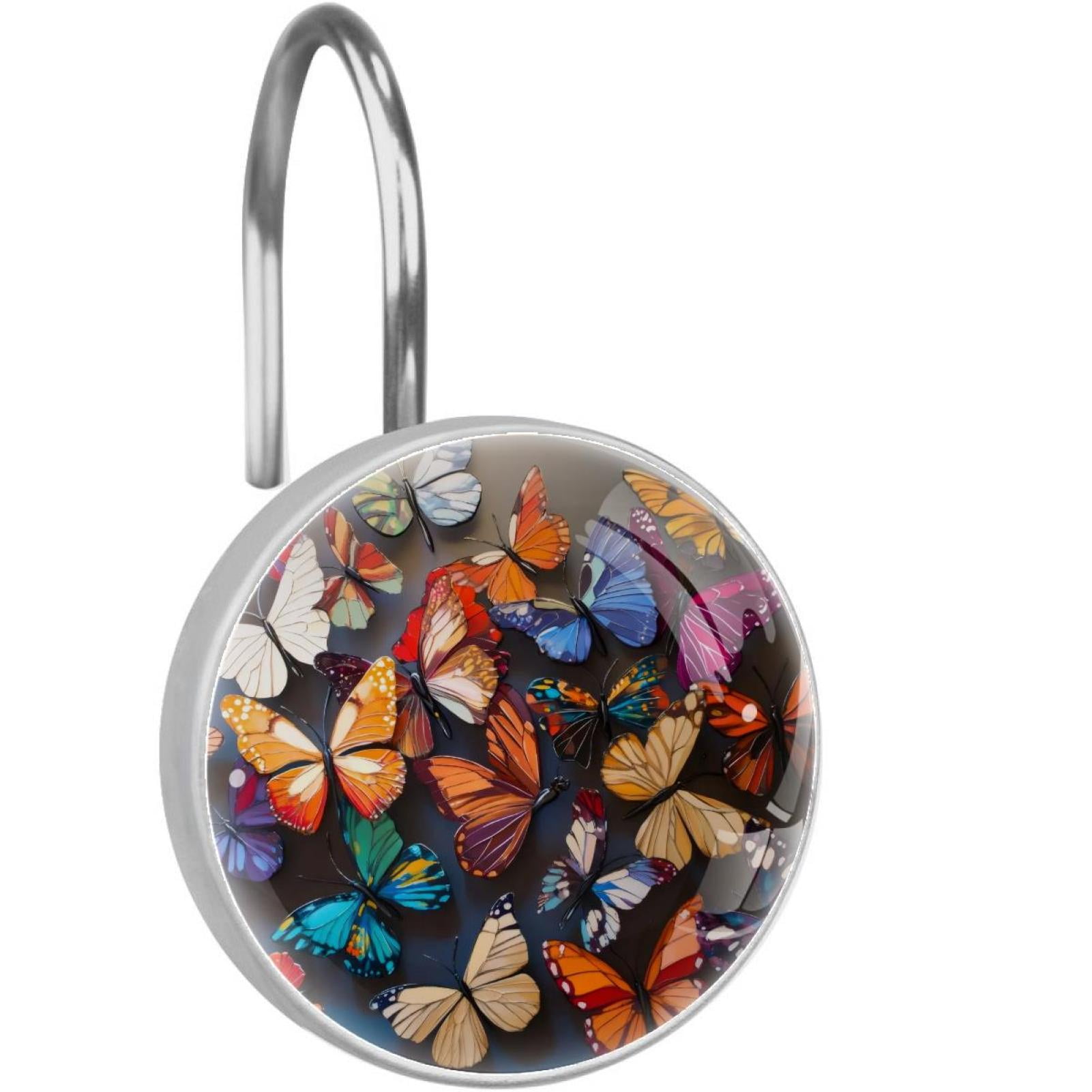 Colorful Butterfly Shower Curtain Hooks Round Crystal Glass, Set of 12 Shower Curtain Rings - Shower Hooks for Curtain Shower Rings