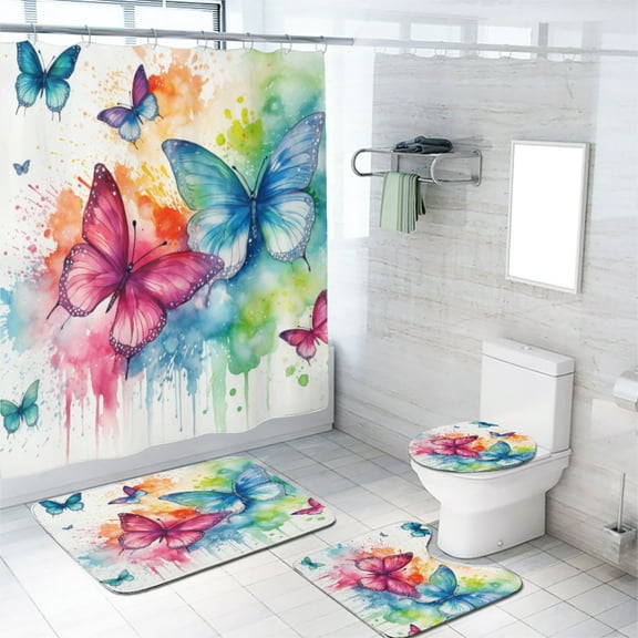 Colorful Butterfly Shower Curtain Sets with Non-Slip Rug Watercolor Rainbow Butterflies Bathroom Decor Set with Accessories, Waterproof Shower Curtain for Bathtub Decor, 72x72 Inch