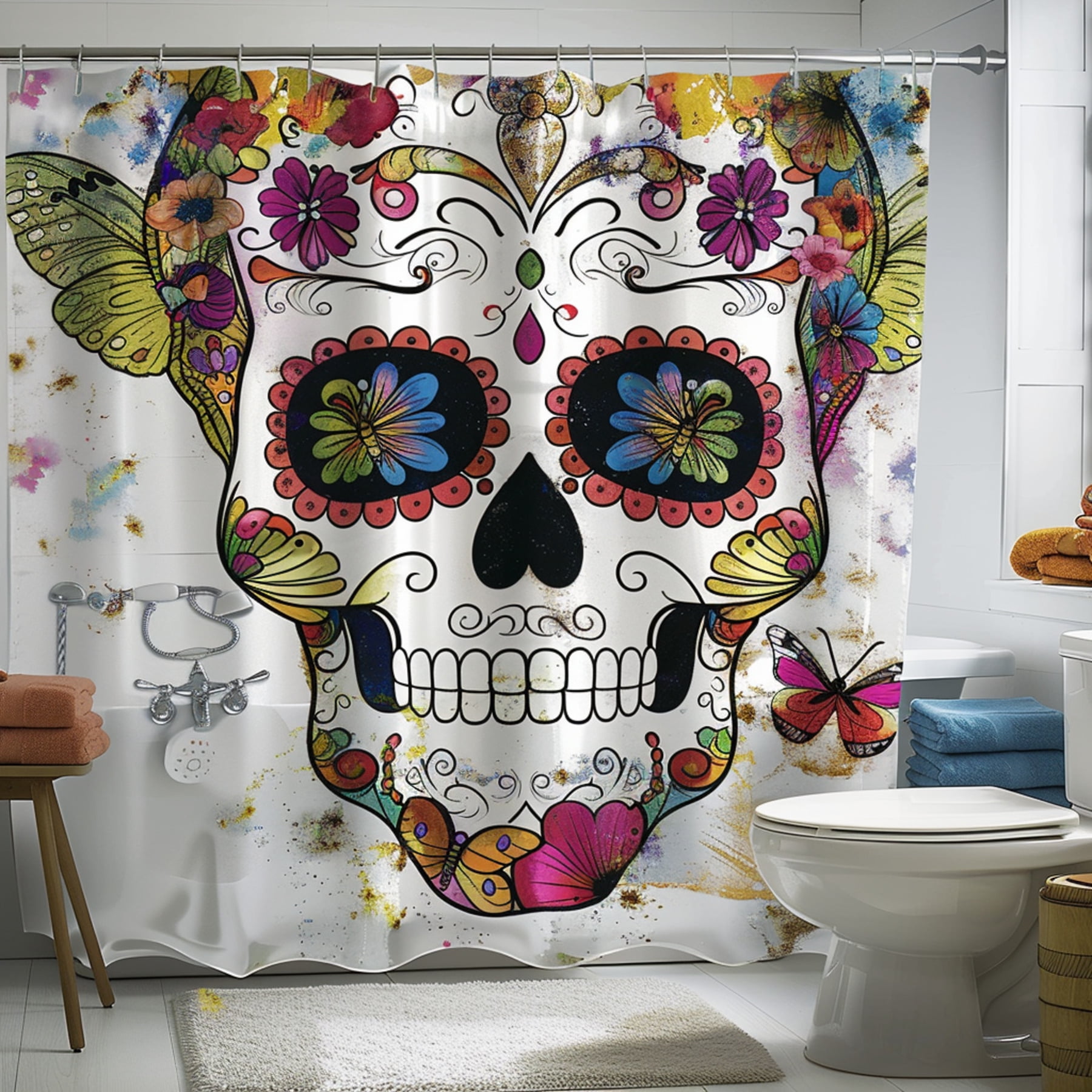 Colorful Butterfly Skull and Floral Design Shower Curtain Vibrant Sugar ...