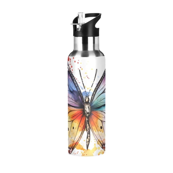 Colorful Butterfly Stainless Steel Water Bottle 20oz/600ml Double Wall Vacuum Insulation Leakproof for Sports Travel
