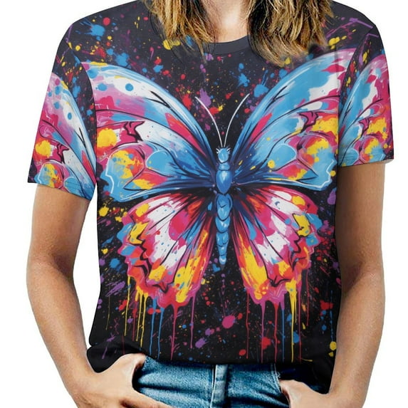 Colorful Butterfly T-Shirt O Neck Retro Print Big Size T-Shirts Short Sleeve Tees Womens Pretty Design