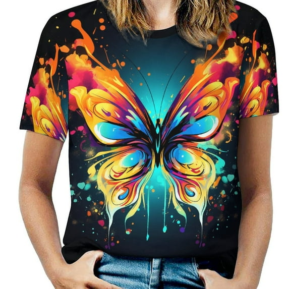 Colorful Butterfly T-Shirt O Neck Retro Print Big Size T-Shirts Short Sleeve Tees Womens Pretty Design