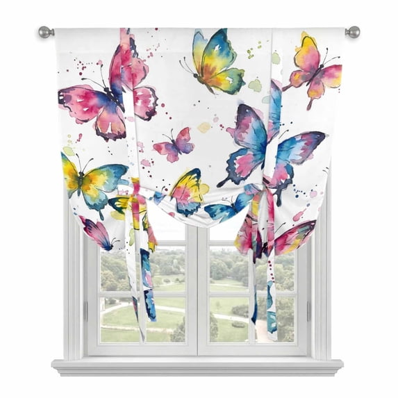 Colorful Butterfly Tie Up Curtains 45 Inches Long, Kitchen Window Curtains Over Sink, Elegant Pastoral Butterflies Watercolor Small Window Curtains Shade Balloon Curtains Valances for Bedroom 34"x45"