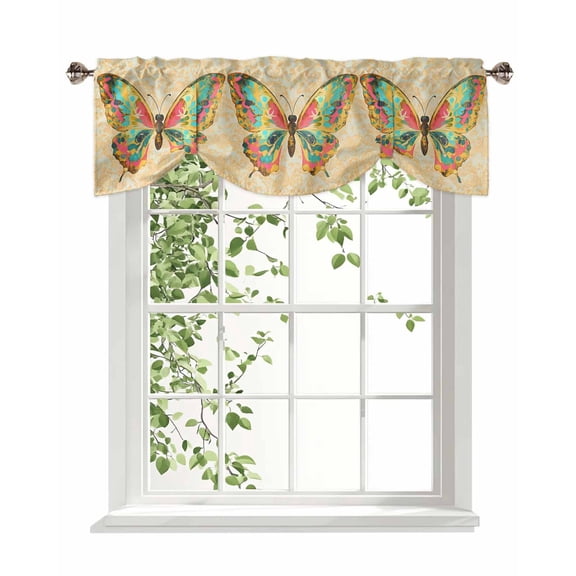 Colorful Butterfly Tie Up Valances Curtain, Watercolor Brown Retro Texture Kitchen Valances for Windows Decor, Rod Pocket Short Curtains Set for Bedroom/Bathroom, 42"x12"