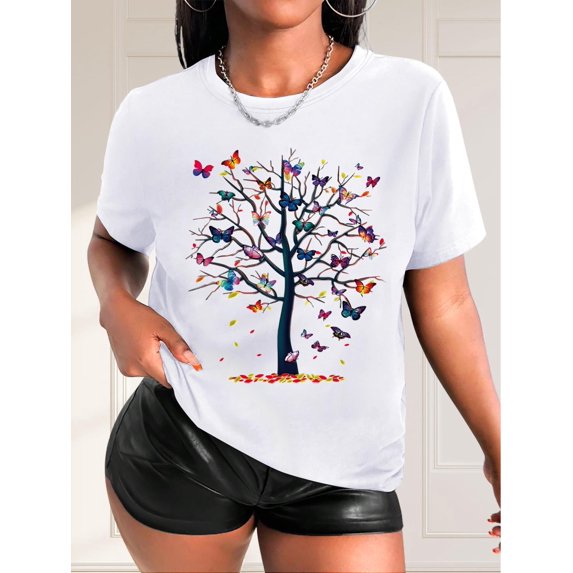 Colorful Butterfly Tree Print Sports T-shirt, Fashion Short Sleeve ...