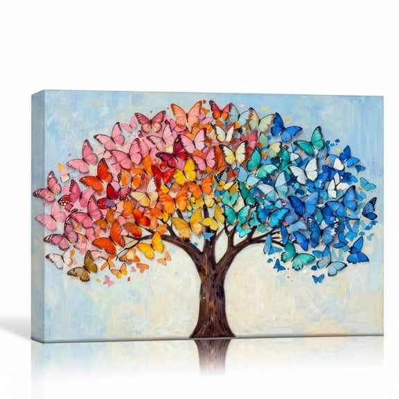 Colorful Butterfly Tree Wall Art Rainbow Canvas Print Butterfly Canopy Gallery Wrapped Canvas Bedroom Decor 30"L x 20"W