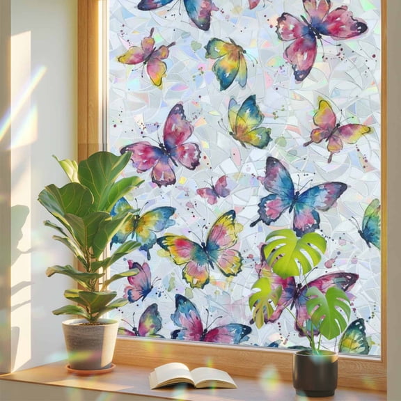 Colorful Butterfly Window Privacy Film, Watercolor Style Pink Blue Butterflies Country Stained Glass Rainbow Film Decorative Window Clings, Static Cling Sun Blocking Stickers 17.7" x 39.3"