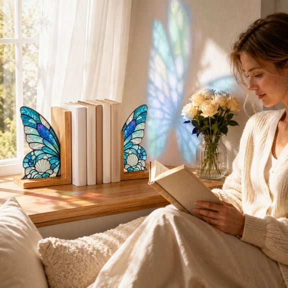 Colorful Butterfly Wing Bookends, Decorative Acrylic Book Holder, Stained Art Bookshelf Organizer