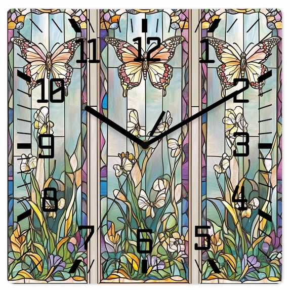 Colorful Butterfly Wooden Wall Clock Silent Non Ticking, Spring Botanical Summer Vintage Square Wall Clocks Battery Operated, Decor Clock for Home Office, Living Room, Kitchen, 12 Inch