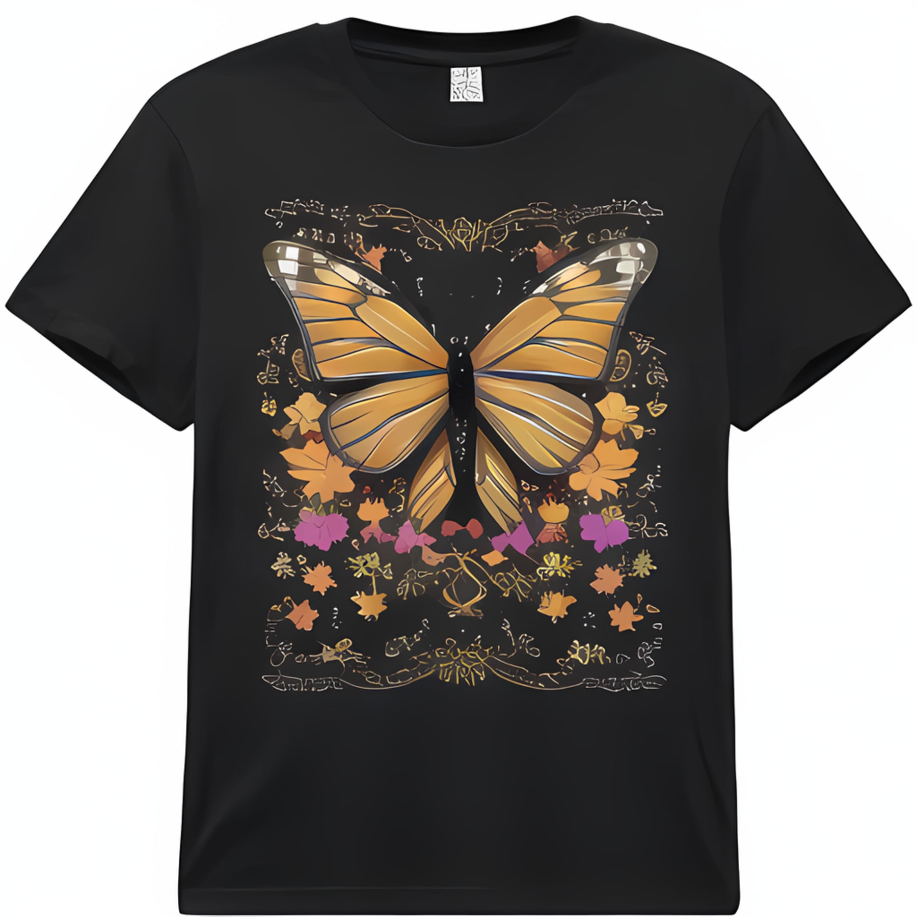 Colorful Butterfly and Autumn Leaves Design on Black TShirt Detailed
