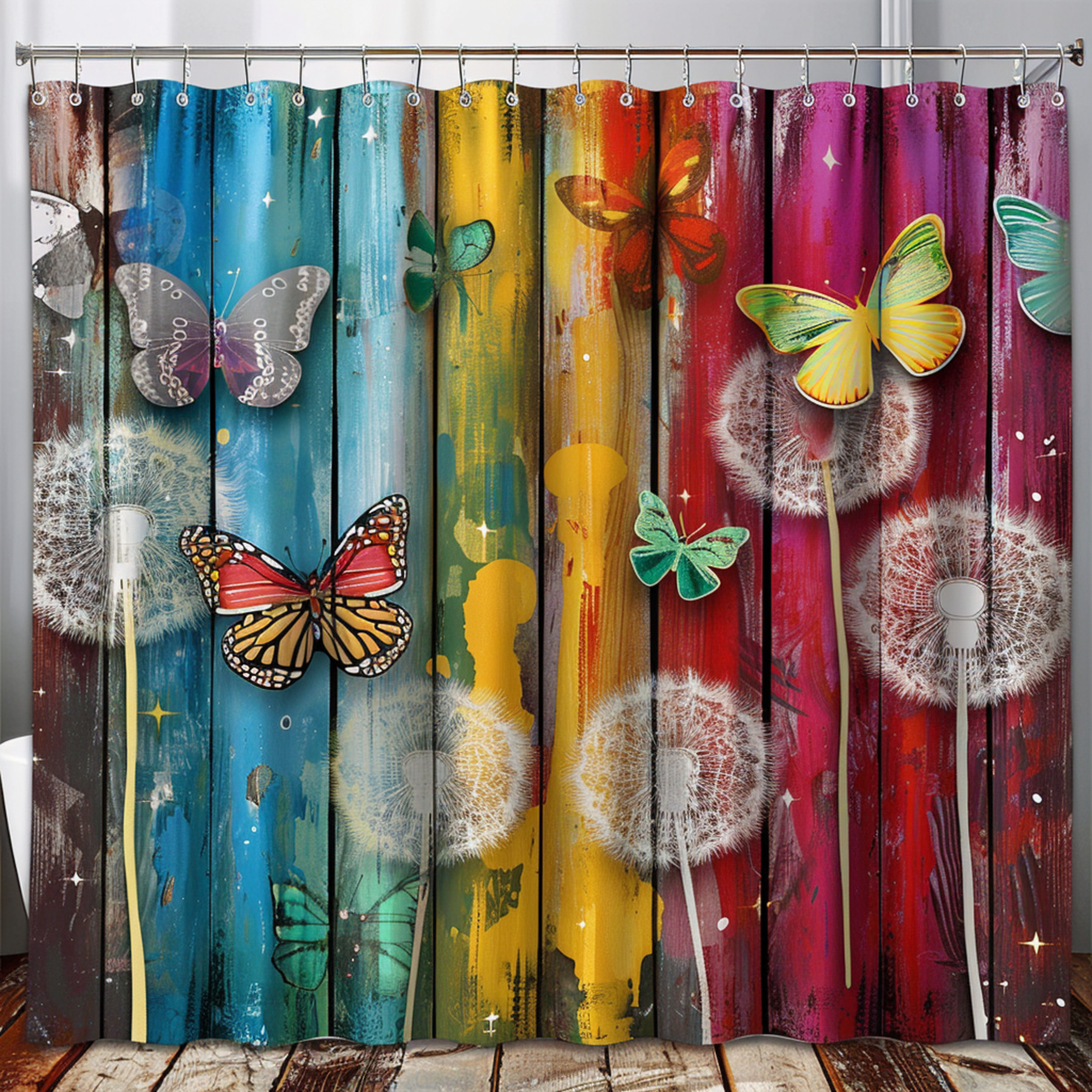 Colorful Butterfly and Dandelion Shower Curtain with Industrial Style