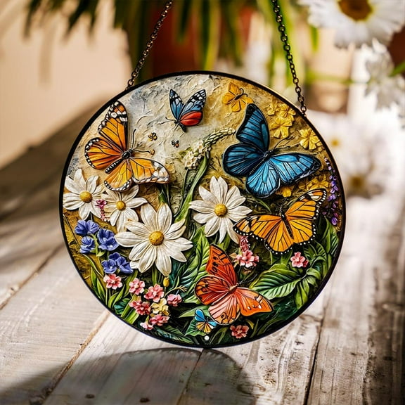 Colorful Butterfly and Flower Suncatcher, Glass Window Hanging, Vibrant Garden Decor, Spring Butterfly Ornament, Nature Lover Gift for Home